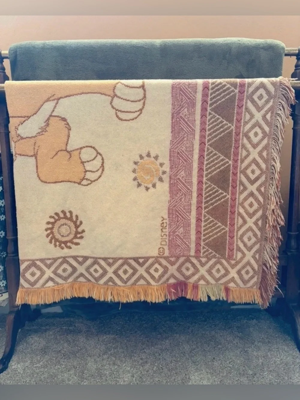 Vintage 1990s Disney The Lion King Simba Woven Tapestry Throw Blanket Fringe